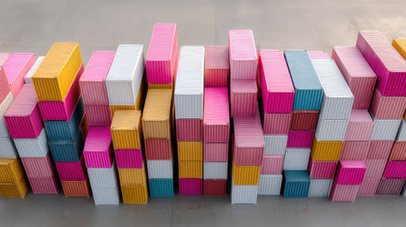 A vibrant arrangement of shipping containers in a logistics yard showcases an artistic blend of colors, representing the dynamic world of freight management and transport.の素材