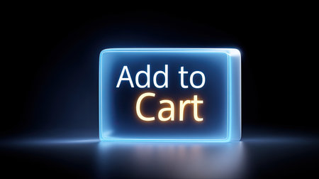 A vibrant neon "Add to Cart" button glows against a dark background, capturing the essence of online shopping and the digital consumer experience for e-commerce platforms.の素材