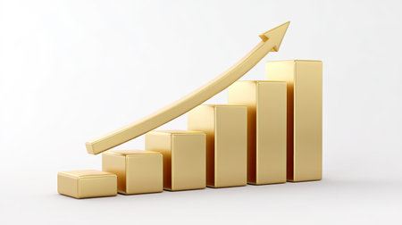 A visually striking image of a golden bar graph with an upward arrow, symbolizing growth, success, and financial improvement. Perfect for business and finance contexts.の素材