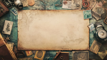 A faded, old postcard with an empty space for a personal memory, surrounded by nostalgic elements like travel stamps and souvenirsの素材