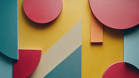Abstract geometric shapes with vibrant colors on a smooth surface, creating a creative, dynamic vibe with open space for textの素材