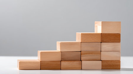 This image features a set of wooden building blocks arranged in a step pyramid shape against a minimalist background. Ideal for creative play and educational concepts.の素材