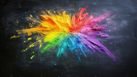 A burst of rainbow-colored chalk on a chalkboard surface, symbolizing creativity and artistic freedom with a clear space for design ideasの素材