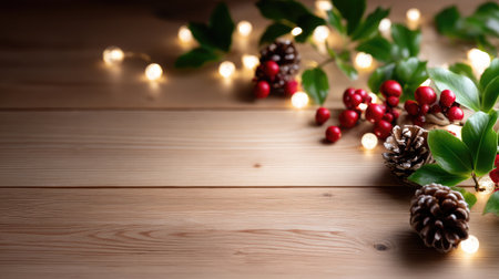 A visually appealing display featuring pine cones, red berries, and warm string lights arranged on a wooden table, creating a cozy festive atmosphere for winter celebrations.の素材