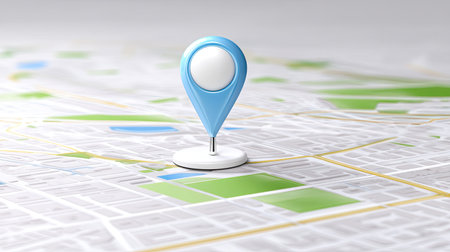 A bright blue location pin stands prominently on a detailed map, symbolizing navigation and exploration of urban landscapes in a digital age.の素材
