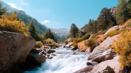This captivating image features a crystal-clear river flowing through a rocky landscape, framed by lush trees. The serene atmosphere and vibrant colors create a perfect outdoor escape.の素材