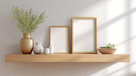 A captivating modern shelf display featuring empty picture frames, decorative vases, and lush greenery, perfect for enhancing any stylish living space with a serene atmosphere.の素材