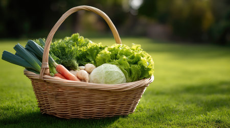 A beautiful display of fresh vegetables, including lettuce, cabbage, and carrots, arranged in a woven basket on green grass, highlighting the natural beauty of healthy food choices.の素材