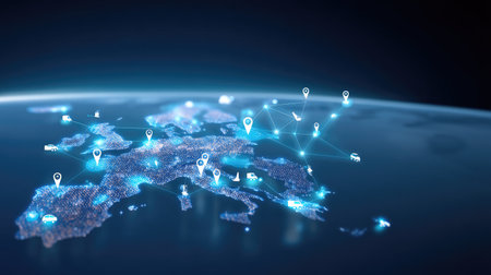 Detailed digital representation of Europe showcasing location markers and interconnected data streams, symbolizing modern transportation and technology in a globalized world.の素材