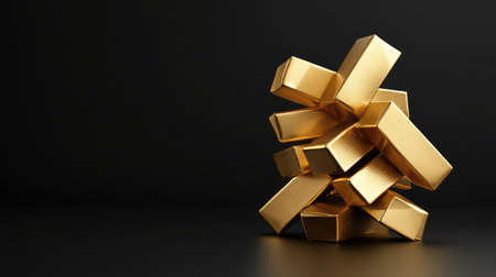 Abstract D rendering of gold bars stacked on black background, reflective light and clean copy space.の素材