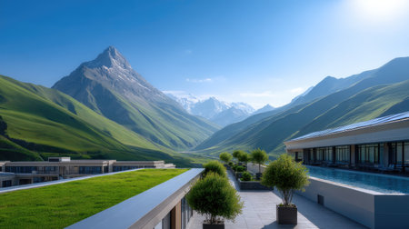 A stunning view from a luxury hotel terrace showcasing majestic mountains and lush greenery. Perfect for travelers seeking tranquility and natural beauty in a serene environment.の素材