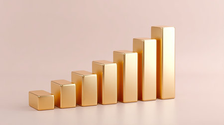 A sleek golden bar chart rises against a soft pink background, symbolizing growth and success in business. This elegant visual serves as a powerful representation of financial progress.の素材