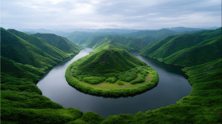 Experience the breathtaking beauty of untouched nature with this aerial view of green mountains wrapping around a peaceful river, showcasing the tranquility of the landscape.の素材