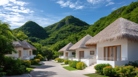 A serene resort featuring thatched roof cottages nestled in lush green mountains. Ideal for relaxation, this picturesque setting offers stunning views and a tranquil escape.の素材