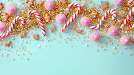 A vibrant and cheerful holiday scene featuring candy canes, pink treats, gingerbread shapes, and shimmering gold details on a soft blue background, perfect for seasonal celebrations.の素材