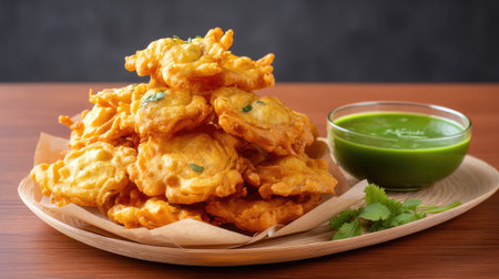 A delicious stack of crispy golden vegetable fritters served with a vibrant green chutney on a wooden plate, perfect for snacking or appetizers.の素材