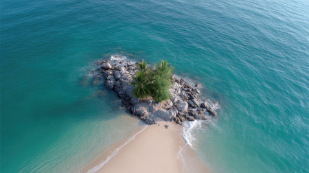 This stunning aerial photo captures a serene tropical island with palm trees, soft sand, and clear blue water, creating a perfect vacation escape. Enjoy nature.の素材