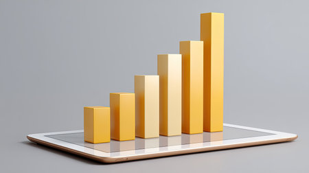 Vibrant yellow bars rise on a tablet surface, symbolizing growth and progress in business or finance. Ideal for presentations, reports, and marketing materials.の素材