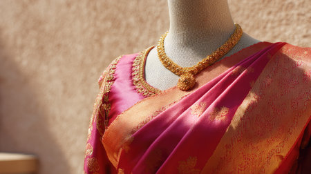 This stunning image showcases a vibrant pink silk sari with exquisite golden embroidery, complemented by matching jewelry, set against a warm background.の素材