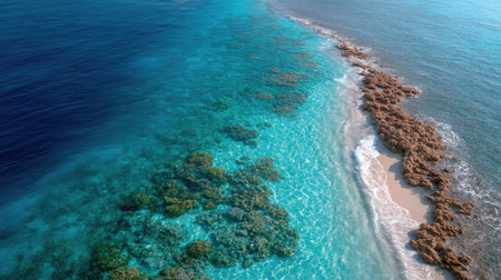 Discover a breathtaking aerial view showcasing vibrant turquoise ocean water blending seamlessly with a coral reef and an inviting sandy beach in a tropical paradise.の素材