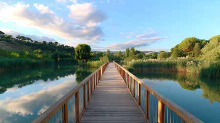 A wooden pathway extends gracefully over calm waters, surrounded by lush greenery and gentle clouds, creating a tranquil and serene atmosphere perfect for relaxation.の素材