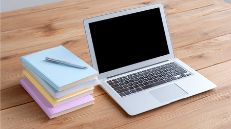 A modern workspace featuring a sleek laptop, a stack of colorful notebooks, and a pen arranged neatly on a wooden table. Ideal for studying or working.の素材