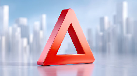 This image showcases a vibrant red triangle shape set against a minimalist cityscape background, emphasizing modern design elements and abstract aesthetics. Perfect for creative projects.の素材