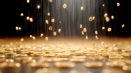 This captivating image features golden coins raining down and creating a shimmering surface. It represents concepts of wealth, prosperity, and financial success in an artistic manner.の素材