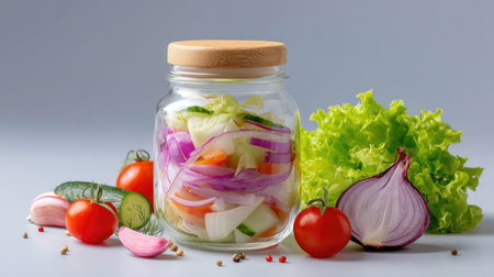 A vibrant arrangement of fresh vegetables in a glass jar with a wooden lid, complemented by various produce, showcasing healthy eating and meal preparation.の素材
