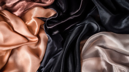 Abstract shot of soft fashion fabrics chiffon, silk, and velvet in elegant neutral tones. Space left for creative overlays.の素材