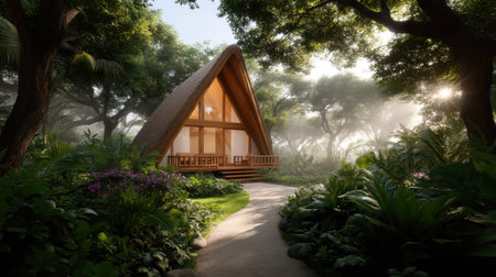 Experience the charm of a cozy wooden cabin nestled in a lush forest, surrounded by vibrant flowers and bathed in gentle sunlight, offering a perfect retreat for relaxation.の素材