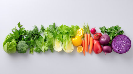 A vibrant assortment of fresh vegetables and fruits laid out in a neat row, highlighting the beauty of natural food and promoting healthy eating habits.の素材