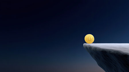 A striking golden cryptocurrency coin balances on the edge of a cliff, set against a deep blue sky, representing the risks and potential gains of digital investments.の素材