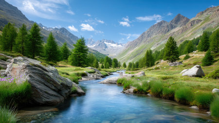 A stunning mountain landscape featuring a flowing river surrounded by lush green trees and rocky hills under a clear blue sky, perfect for nature and travel enthusiasts.の素材
