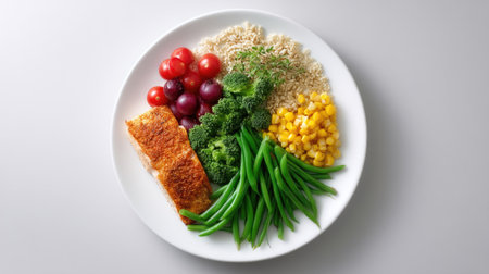 A vibrant and healthy meal featuring grilled salmon surrounded by rice, fresh green beans, bright cherry tomatoes, sweet corn, and broccoli on a clean plate.の素材