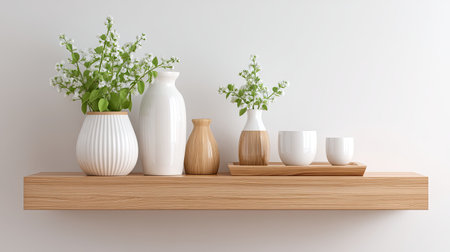 A visually appealing arrangement of various decorative vases alongside fresh greenery on a sleek wooden shelf. This setup exemplifies modern home decor aesthetics.の素材