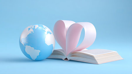 This image features a world globe beside an open book with pages forming a heart shape, symbolizing a deep love for knowledge and global education.の素材
