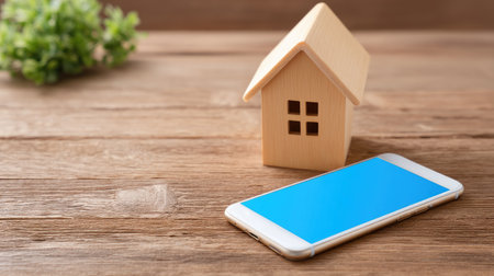 A clean and modern flat lay featuring a wooden house model beside a smartphone on a rustic wooden table, complemented by a green plant, symbolizing home and technology.の素材