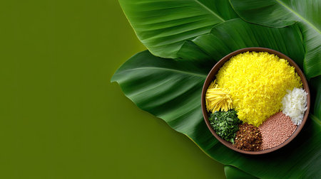 A vibrant bowl of yellow rice with fresh vegetables and spices, beautifully arranged on a green banana leaf, perfect for healthy meals.の素材