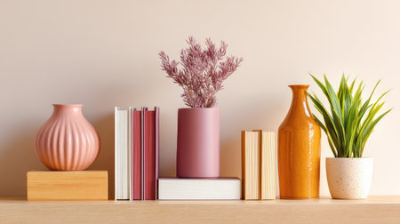 A beautiful arrangement of vases, books, and plants on a wooden shelf against a soft pastel wall. This decor idea exudes style and serenity, perfect for modern interiors.の素材