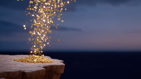 A stunning visual of shimmering gold coins spilling from a rocky edge, with a dreamy twilight sky and ocean in the background, symbolizing wealth and dreams.の素材