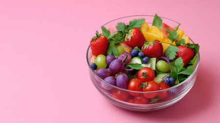 A vibrant and fresh fruit salad overflowing with strawberries, grapes, blueberries, and mint leaves, perfect for a healthy snack or decorative centerpiece.の素材