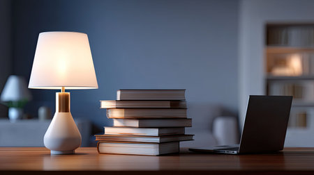 A serene workspace featuring a modern desk lamp, stacks of books, and a laptop, creating a cozy and inviting environment ideal for studying or working.の素材