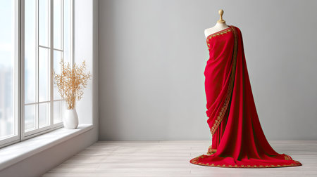 A striking red draped fabric elegantly arranged on a mannequin in a bright minimalist room, showcasing the beauty of design and textile artistry.の素材