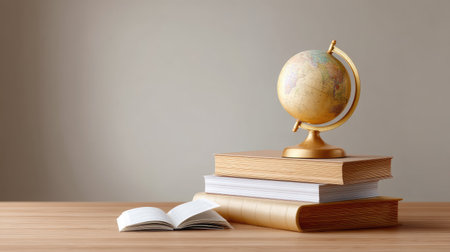 A beautiful wooden globe sits atop a stack of books next to an open book on a polished wooden table, creating a serene study ambiance ideal for learning.の素材