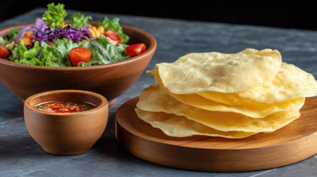 A beautiful arrangement of a fresh salad filled with vibrant vegetables served with crispy papad and a spicy sauce on a dark stone surface.の素材