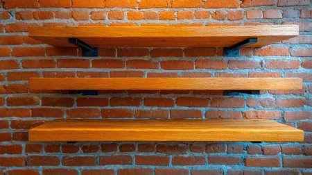 Captivating wooden shelves rest on a rustic red brick wall, creating a warm and inviting atmosphere perfect for modern interior design projects and home decor ideas.の素材
