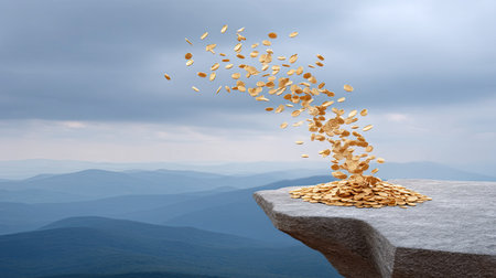 A stunning visual of golden coins tumbling from a rocky ledge set against a dramatic mountain landscape, representing themes of wealth, ambition, and exploration.の素材