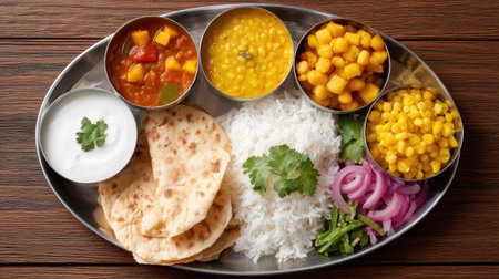 A beautifully arranged Indian cuisine platter featuring fluffy rice, soft flatbreads, vibrant lentil and vegetable dishes, and fresh herbs. Perfect for showcasing cultural diversity and delightful flavors.の素材