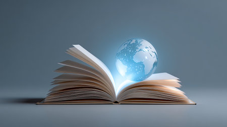This image depicts an open book with a glowing globe emerging from its pages, symbolizing the power of knowledge, learning, and global exploration in a modern context.の素材